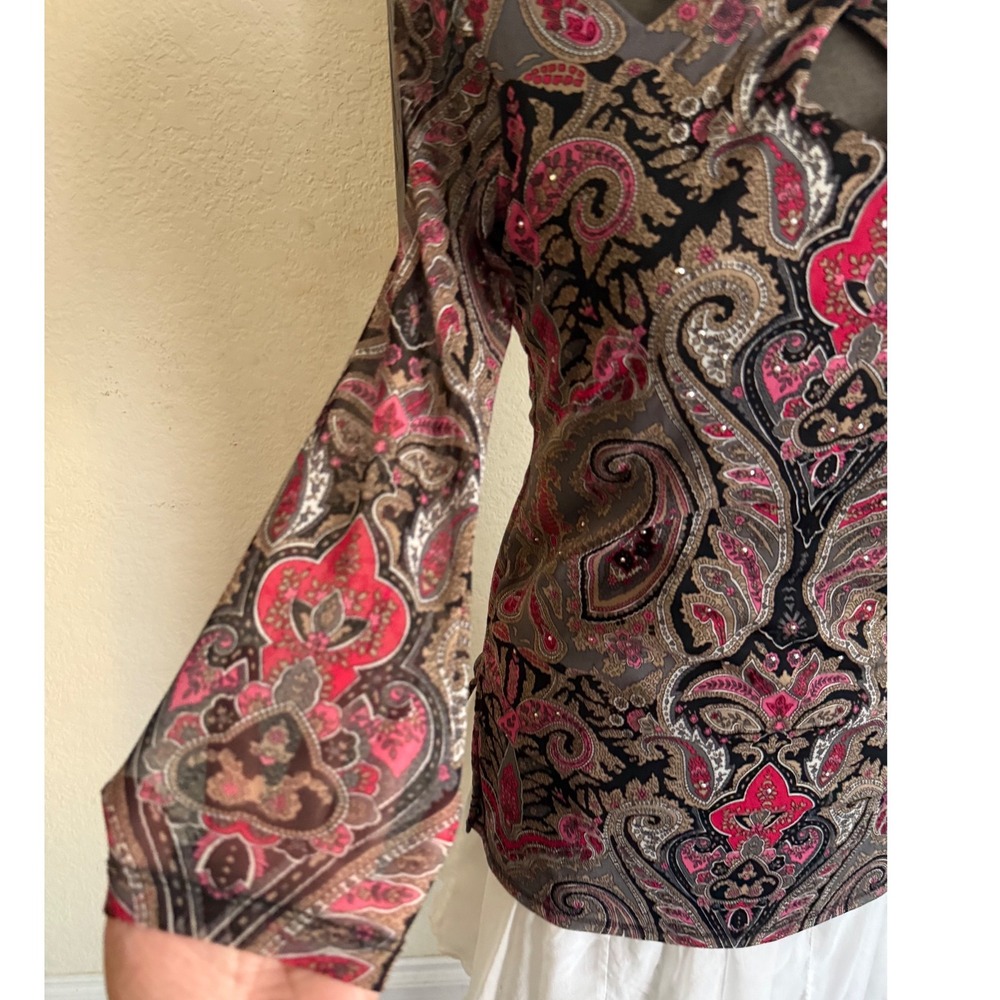 INC International Concepts Pink Paisley Mesh Keyhole Top Rhinestone Blouse Small - Picture 3 of 6